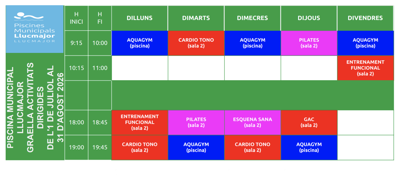 Llucmajor, graella d'activitats dirigides de l'1 de juliol al 31 d'agost 2026